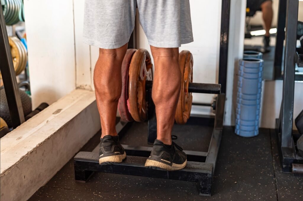 A man doing a calf raise on a standing machine.