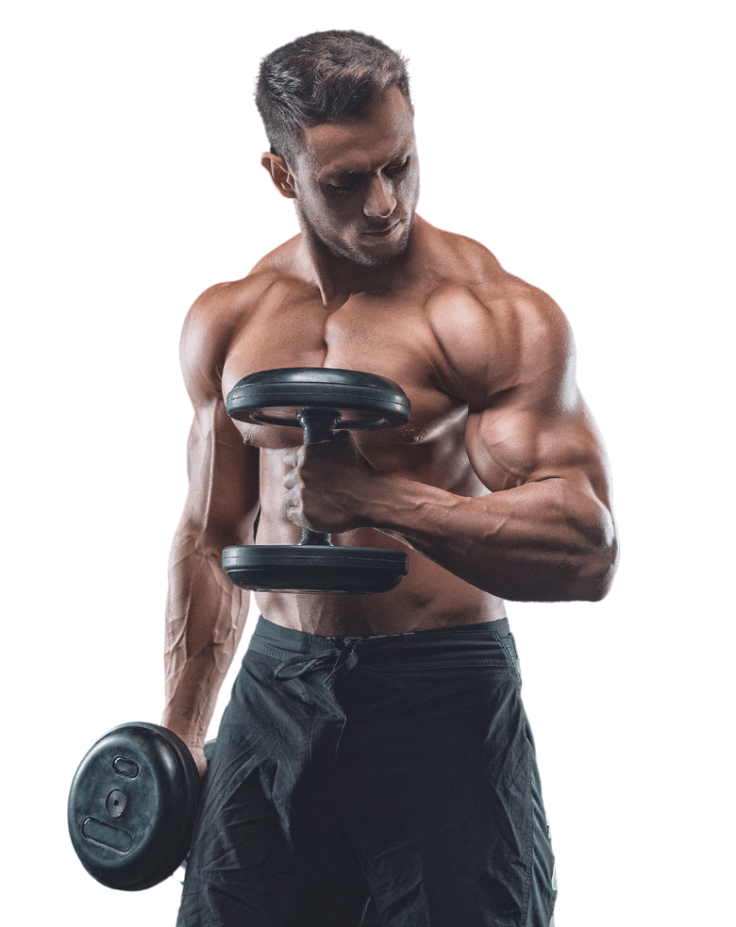 Man flexing with dumbbell in hands