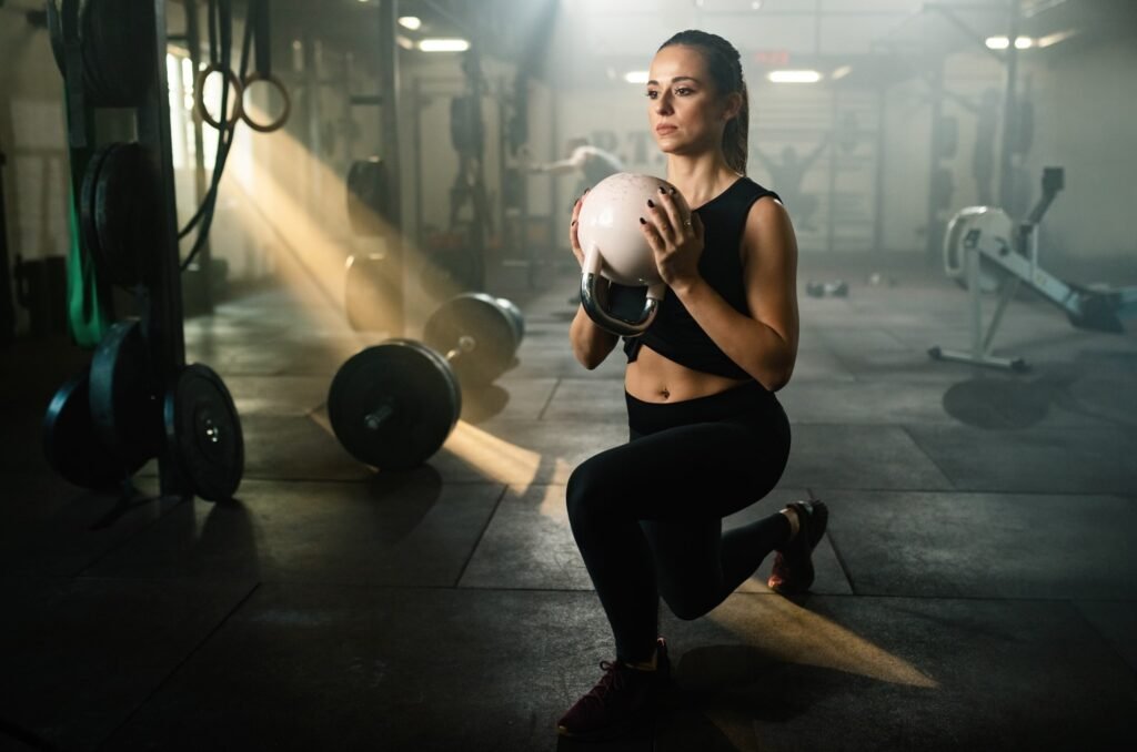 Woman performing a split squat with a bottoms up kettlebell