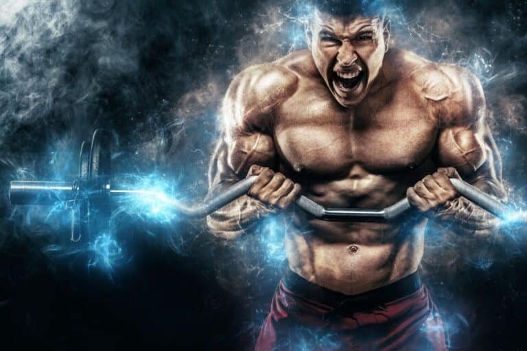 Muscular man lifting a barbell with intense expression, surrounded by electric energy effects.