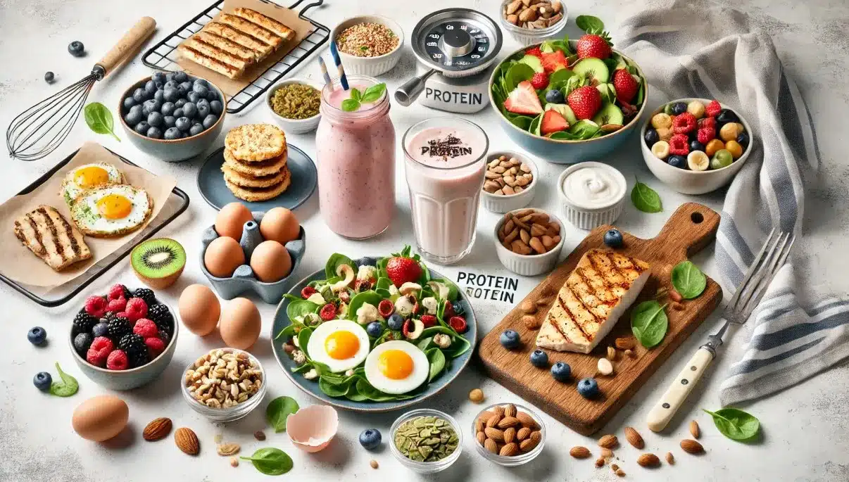 A variety of protein-rich foods displayed on a kitchen counter, including scrambled eggs, grilled chicken salad, a protein smoothie with fruits, nuts, and seeds, as well as Greek yogurt with berries. The scene also features kitchen items like measuring cups and a chopping board, conveying the idea of easy meal preparation and practical ways to include protein in everyday meals.