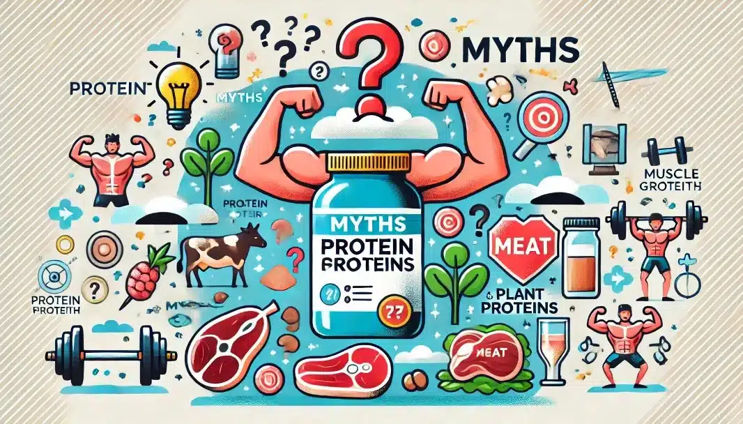 An engaging illustration depicting various symbols related to protein and muscle growth, such as a flexing arm, protein powder containers, meat, and plant proteins. The image is surrounded by question marks and thought bubbles to signify confusion and misconceptions about protein sources and their role in muscle development. The playful arrangement conveys a sense of myth-busting and aims to clarify common misunderstandings about protein and muscle growth.