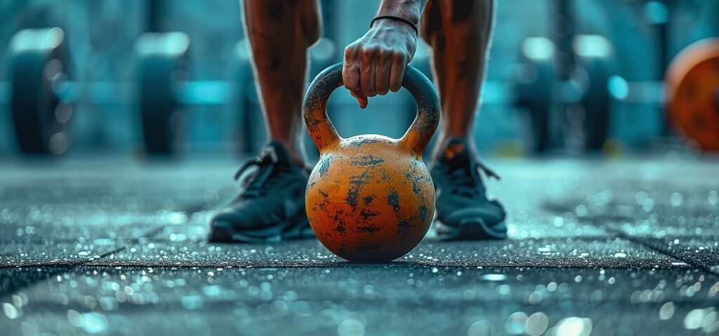 Close-up of a person lifting a kettlebell during an outdoor workout, with focus on strength training and physical fitness.