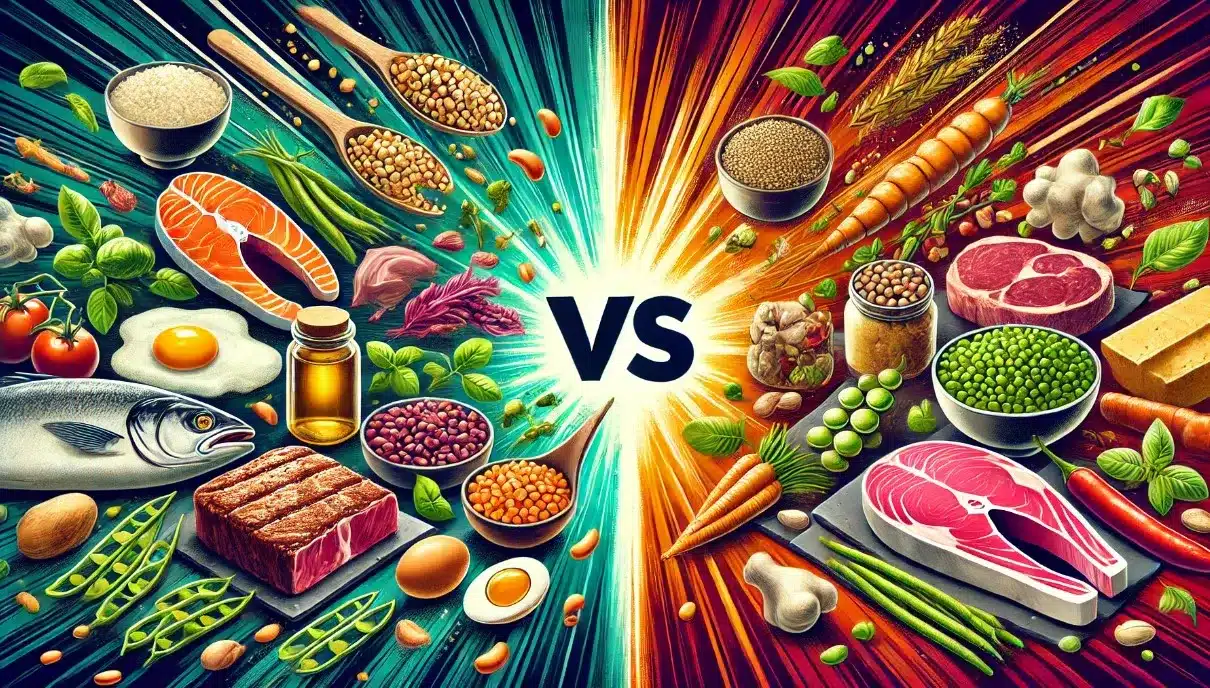 Illustration depicting a 'showdown' between animal and plant protein sources. On the left side are various animal proteins like steak, fish, eggs, and meat cuts, arranged energetically with rich, hearty tones. On the right side, plant proteins such as beans, lentils, peas, tofu, nuts, and grains are displayed in fresh green and orange hues. The background has a dynamic burst of colors, contrasting the richness of animal proteins with the vitality of plant proteins, symbolizing a competitive yet balanced comparison of the two protein sources.
