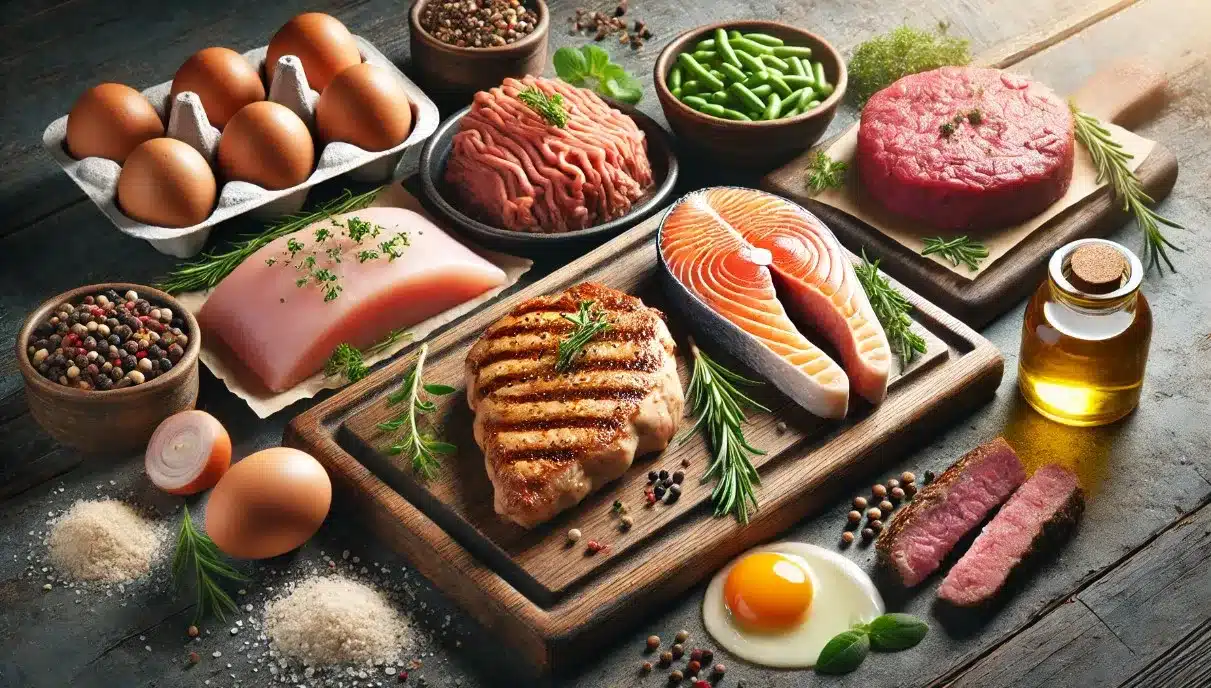 A selection of top animal protein sources, including grilled chicken breast, steak, fresh salmon fillet, eggs, and lean ground beef, arranged on a wooden surface.