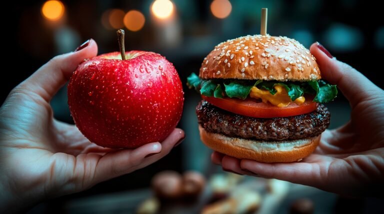 A picture of an apple and a cheeseburger